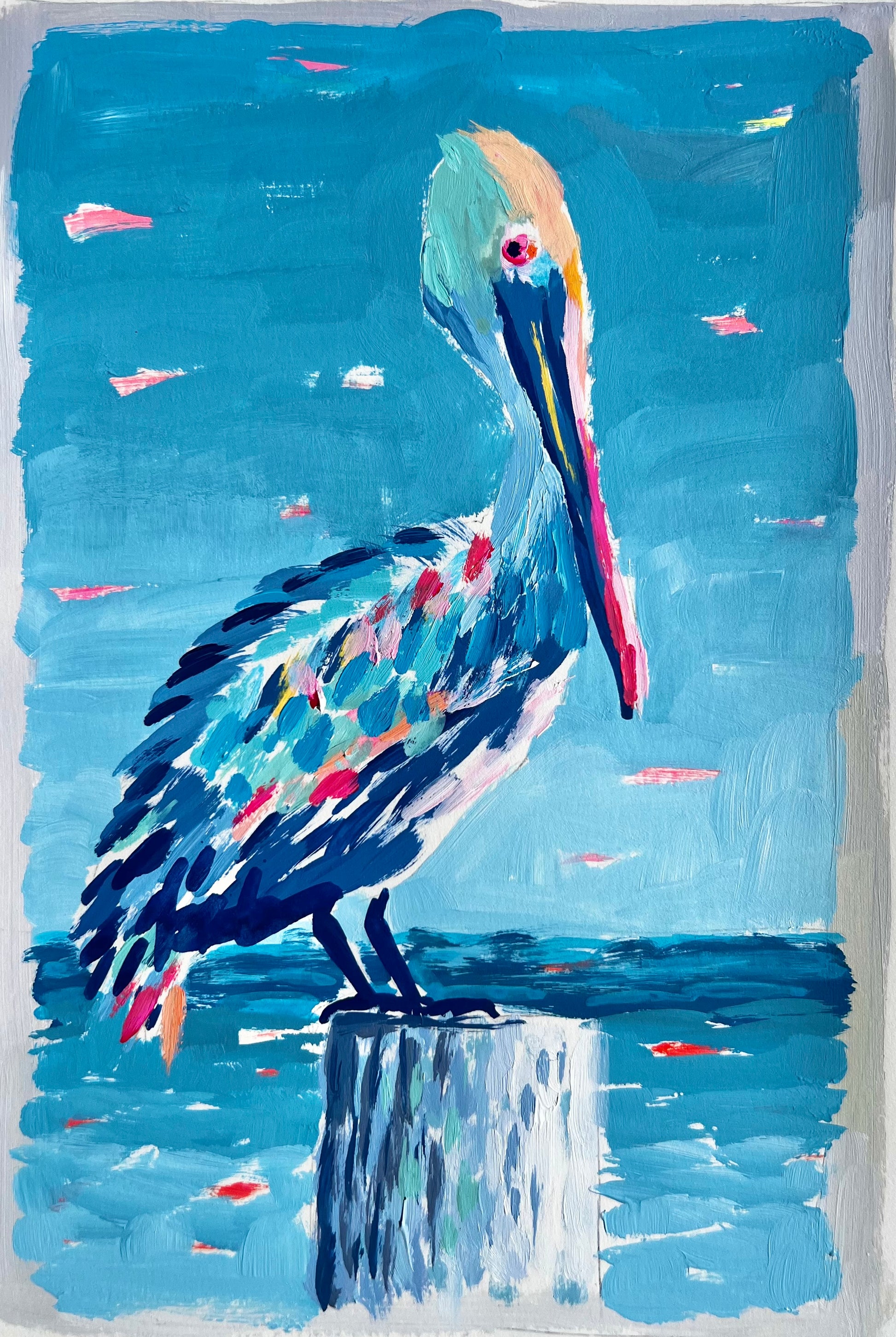 Pelican Shores-Facing Right 6.5”x9.75” Original Acrylic on Watercolor Paper
