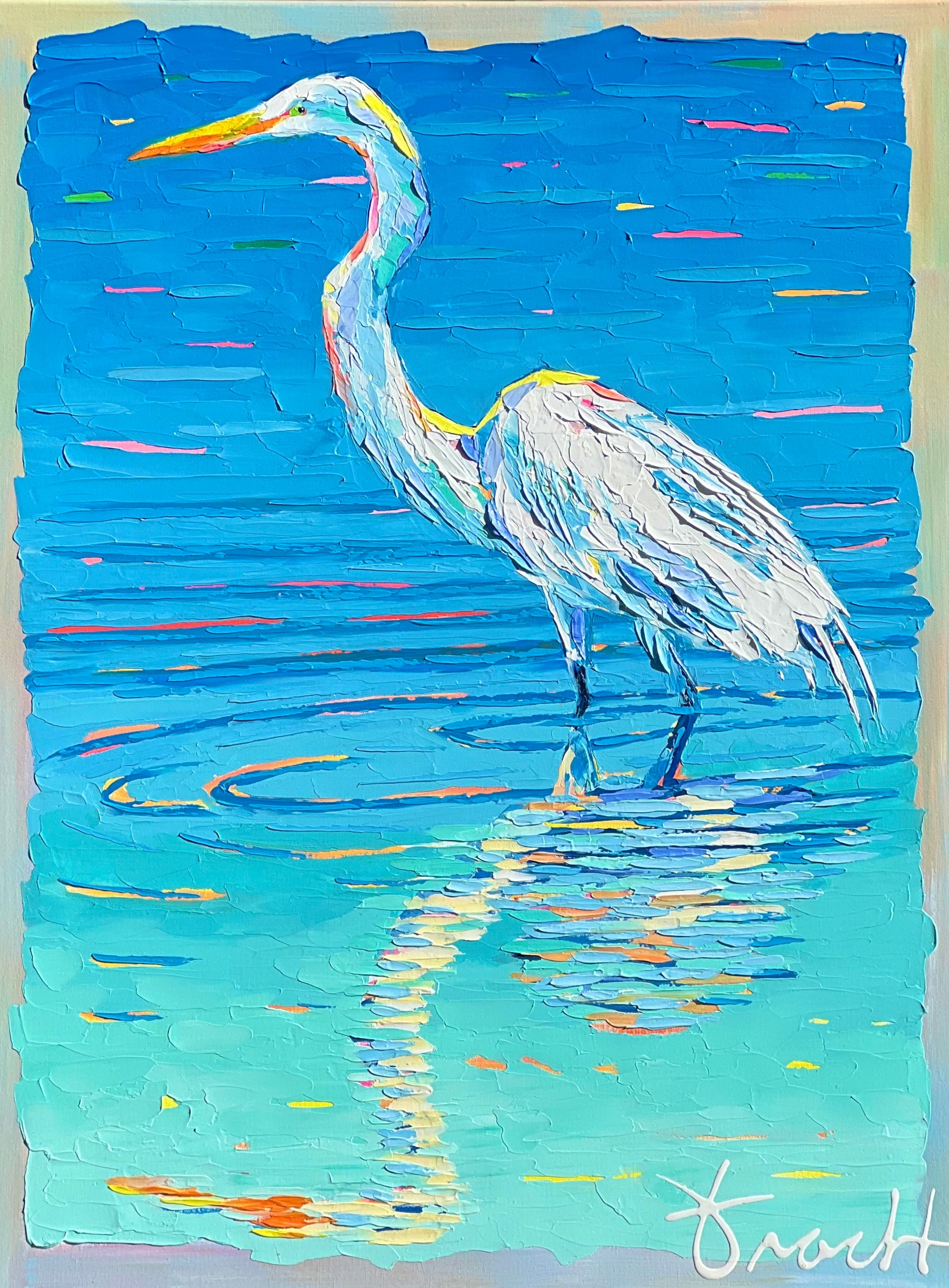 "White Heron Shores 30” 32x42 ORIGINAL Acrylic Palette Knife Painting, Framed, OOAK