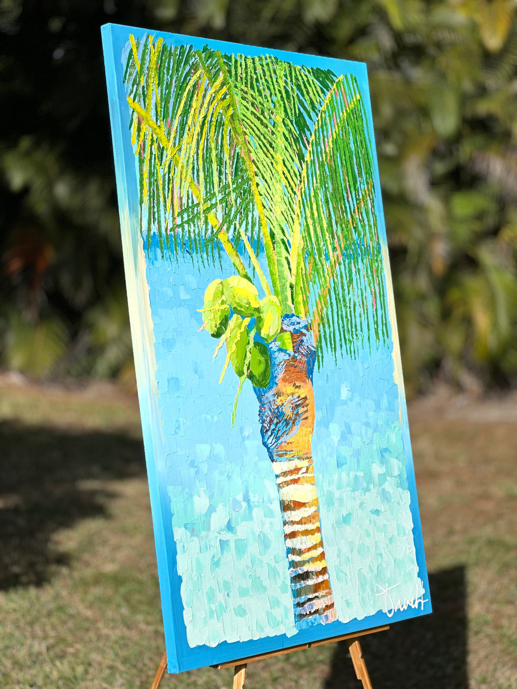 "Island Palm 9" 38x62 ORIGINAL Acrylic Palette Knife Painting, Framed, OOAK