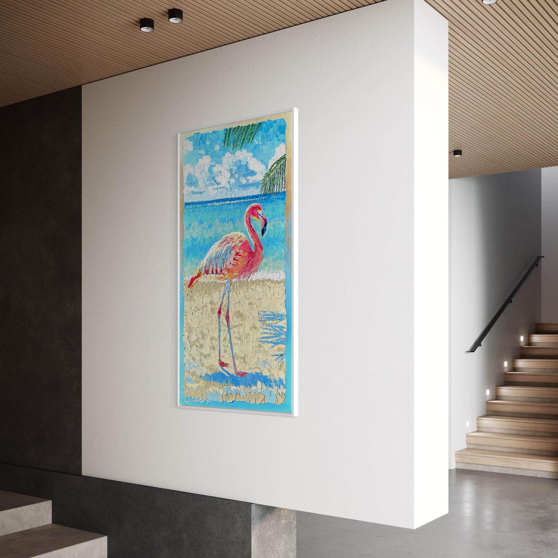 "Flamingo Reflections 2" 32x62 ORIGINAL Acrylic Palette Knife Painting, Framed, OOAK