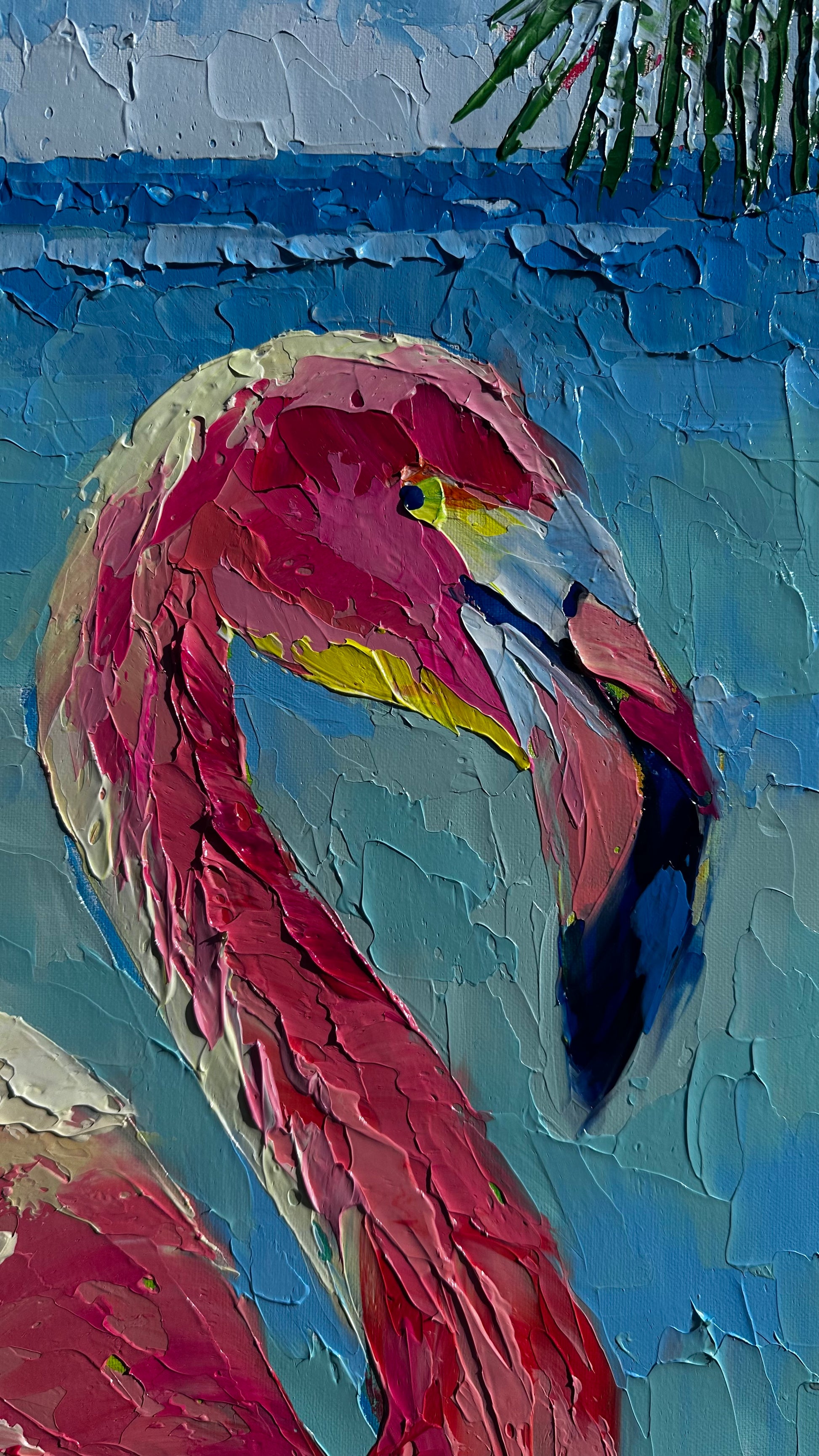 "Flamingo Reflections 2" 32x62 ORIGINAL Acrylic Palette Knife Painting, Framed, OOAK
