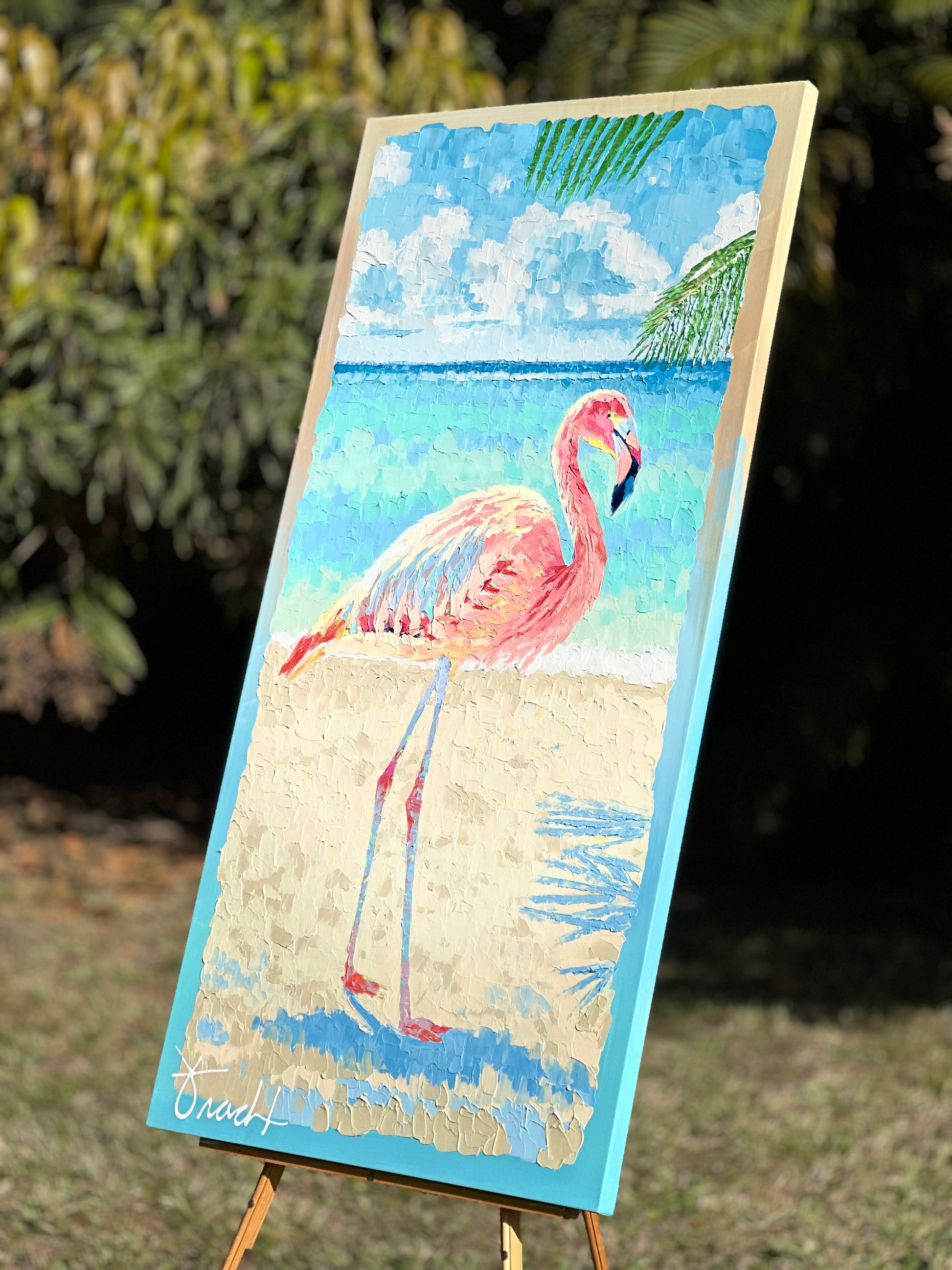 "Flamingo Reflections 2" 32x62 ORIGINAL Acrylic Palette Knife Painting, Framed, OOAK