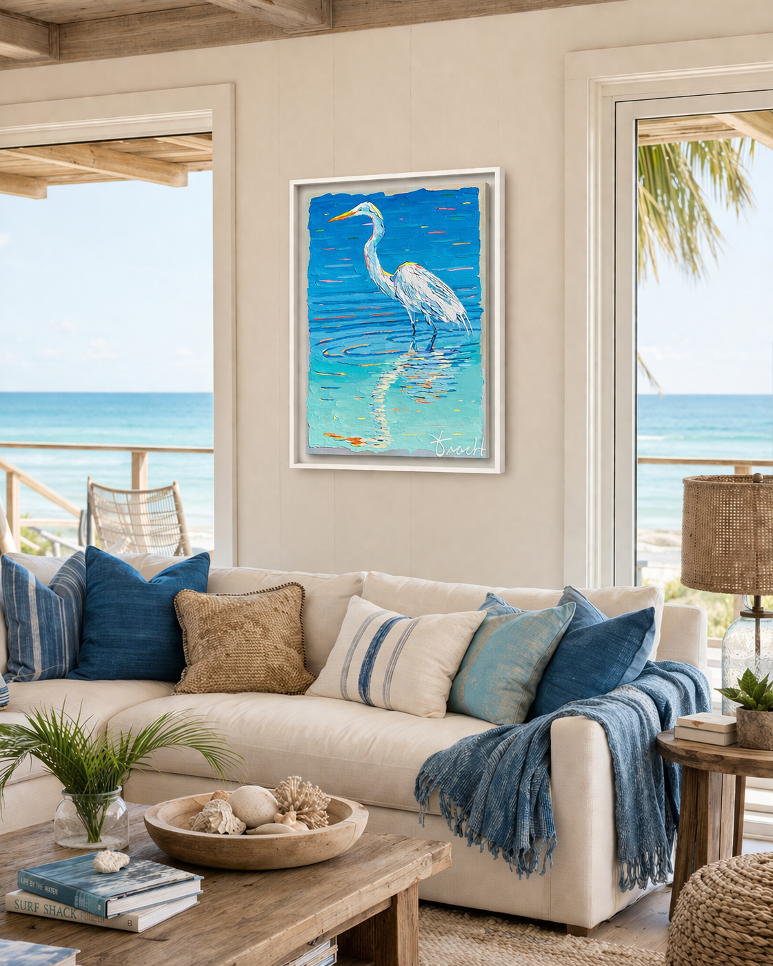 "White Heron Shores 30” 32x42 ORIGINAL Acrylic Palette Knife Painting, Framed, OOAK