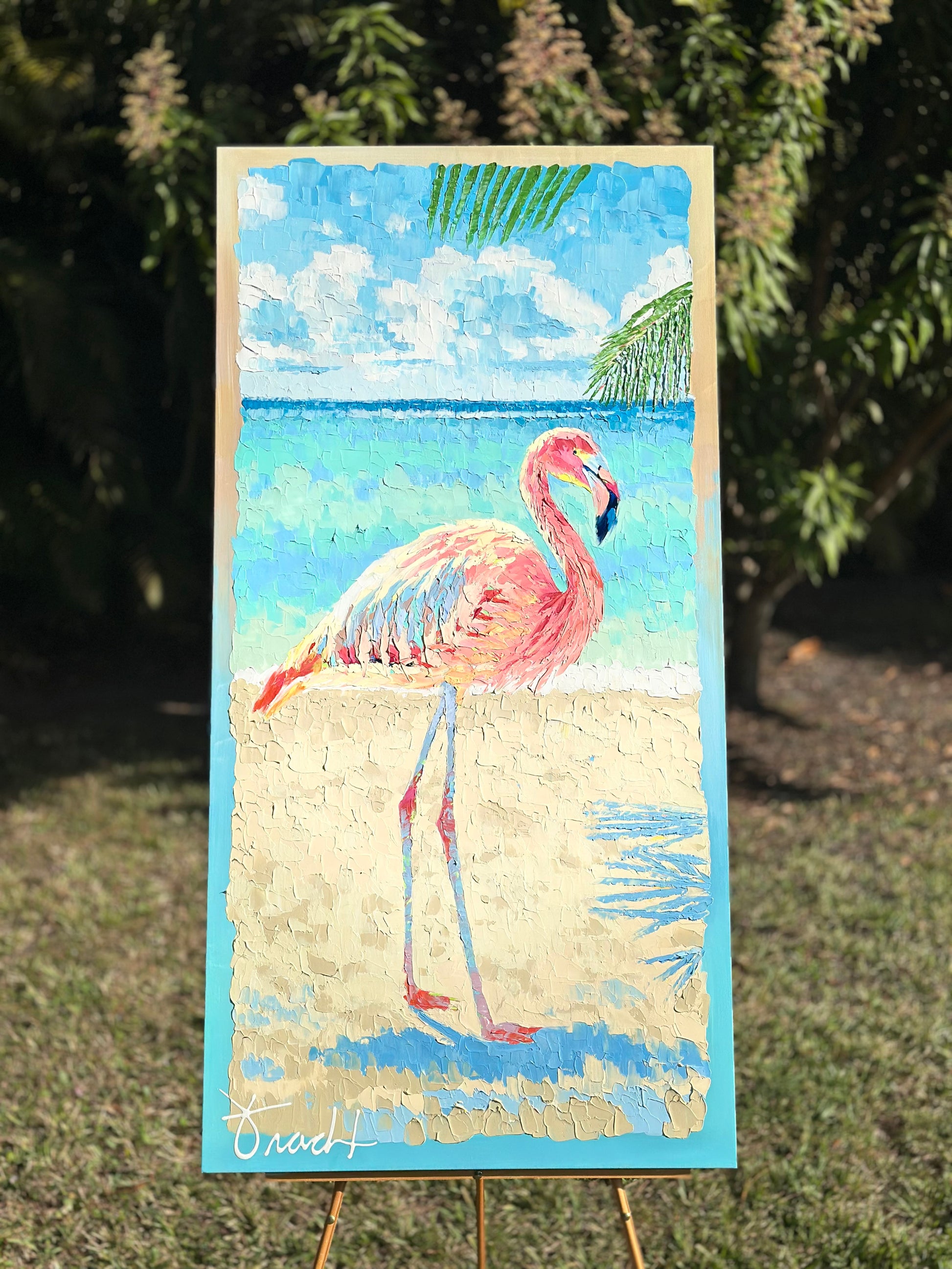 "Flamingo Reflections 2" 32x62 ORIGINAL Acrylic Palette Knife Painting, Framed, OOAK