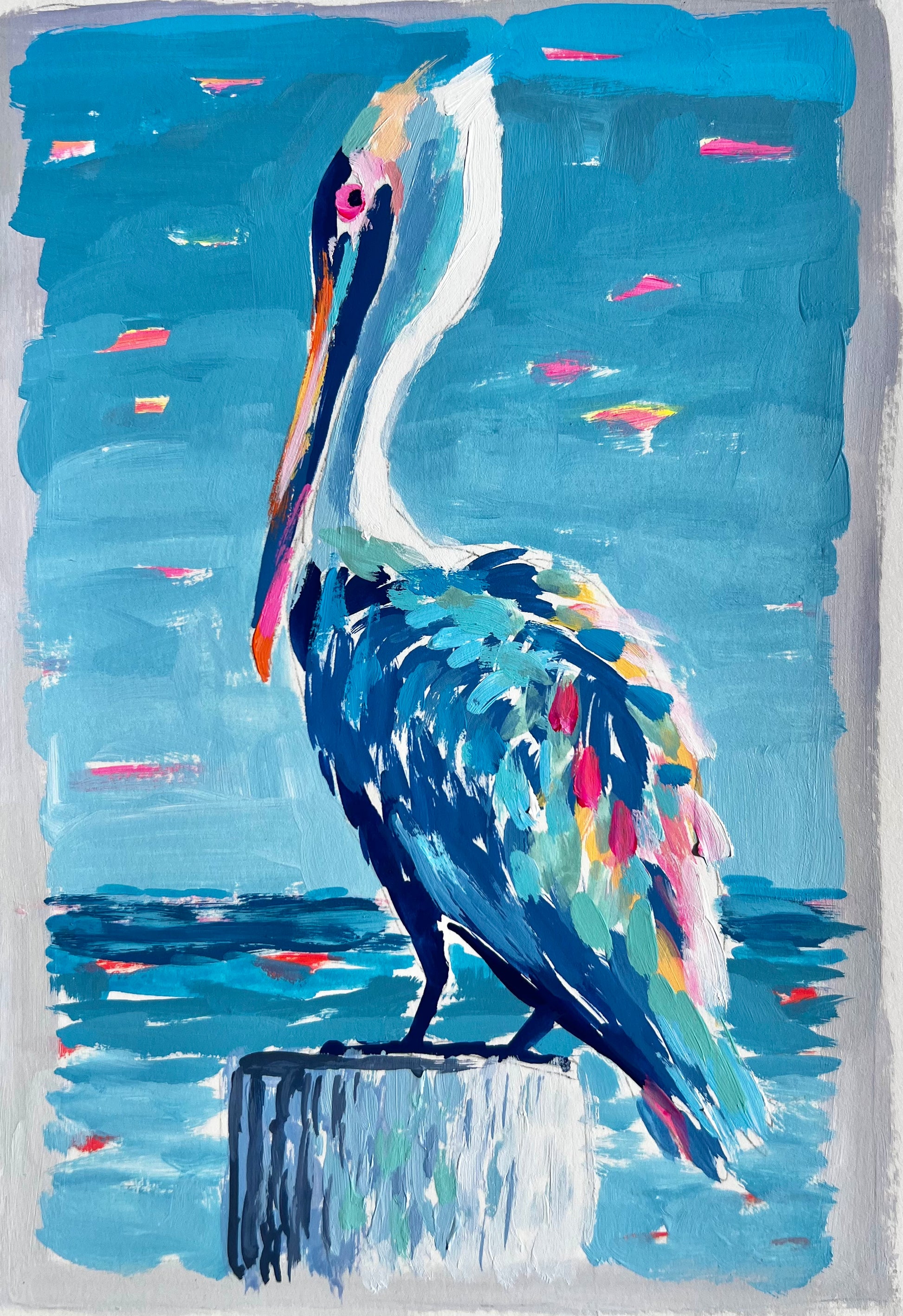 Pelican Shores-Facing Left 6.5”x9.75” Original Acrylic on Watercolor Paper