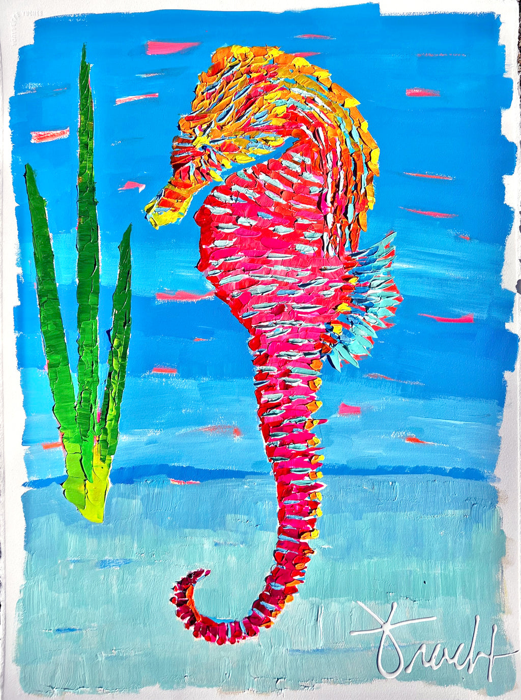 "Seahorse Shores" 29x36 ORIGINAL Acrylic Palette Knife, Framed Painting, OOAK