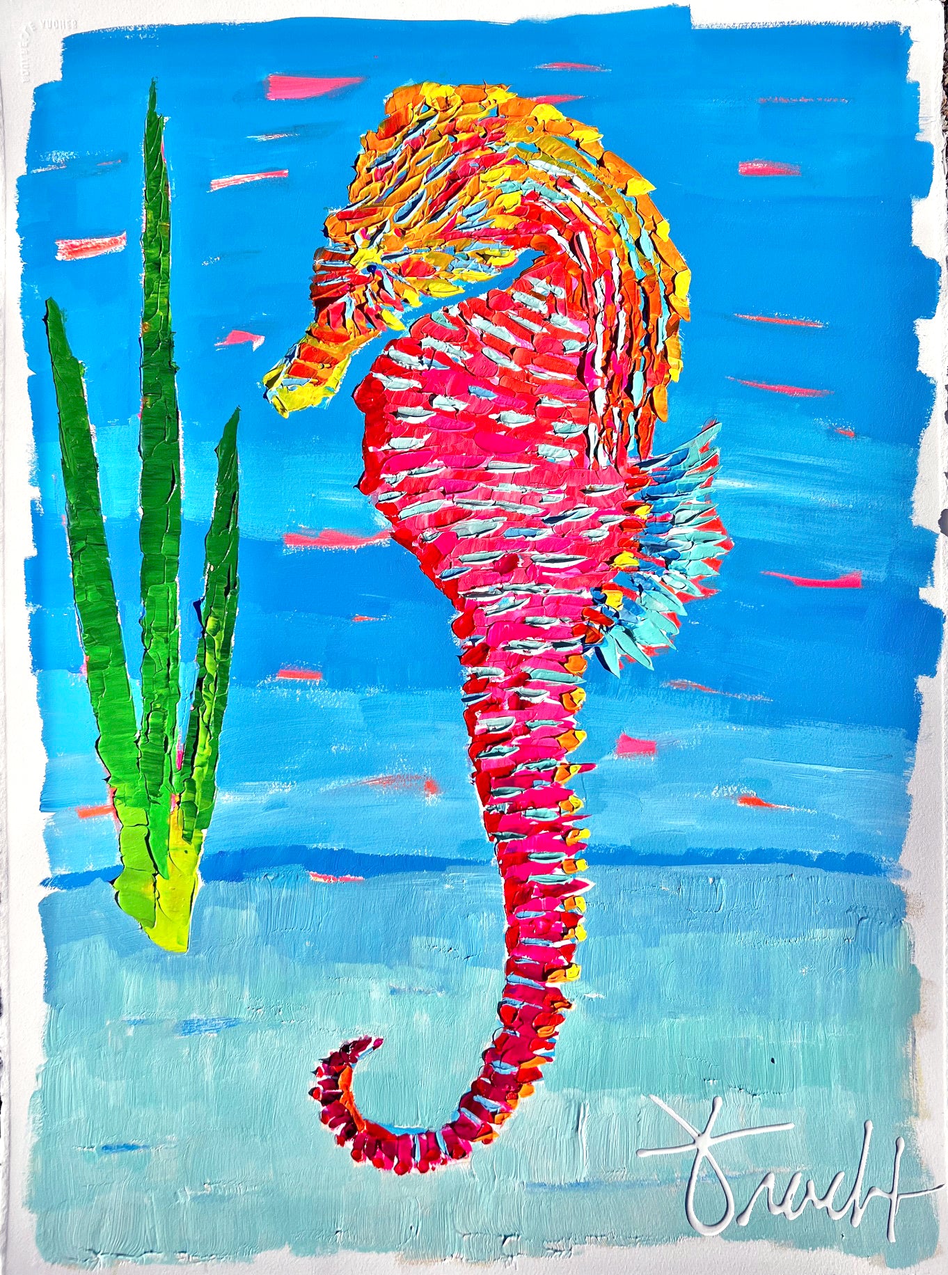 "Seahorse Shores" 29x36 ORIGINAL Acrylic Palette Knife, Framed Painting, OOAK
