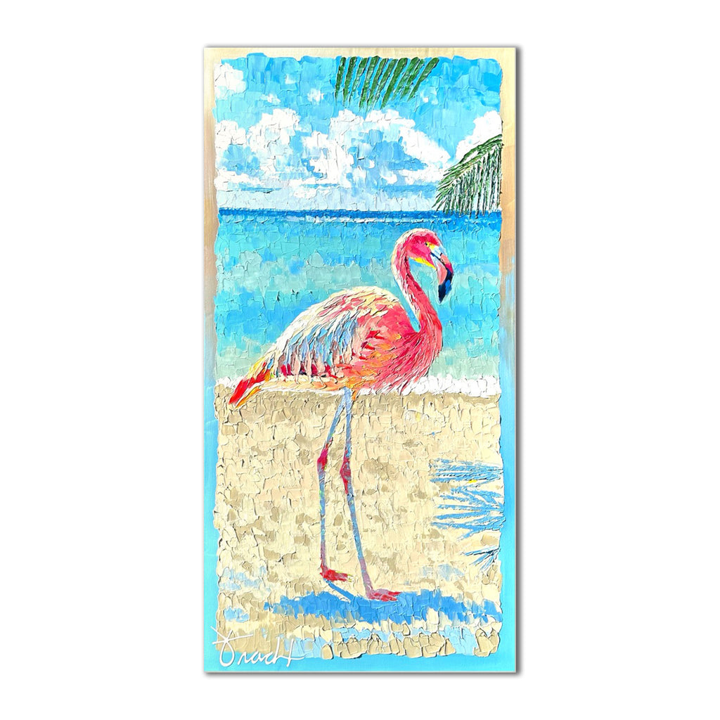 "Flamingo Reflections 2" 32x62 ORIGINAL Acrylic Palette Knife Painting, Framed, OOAK