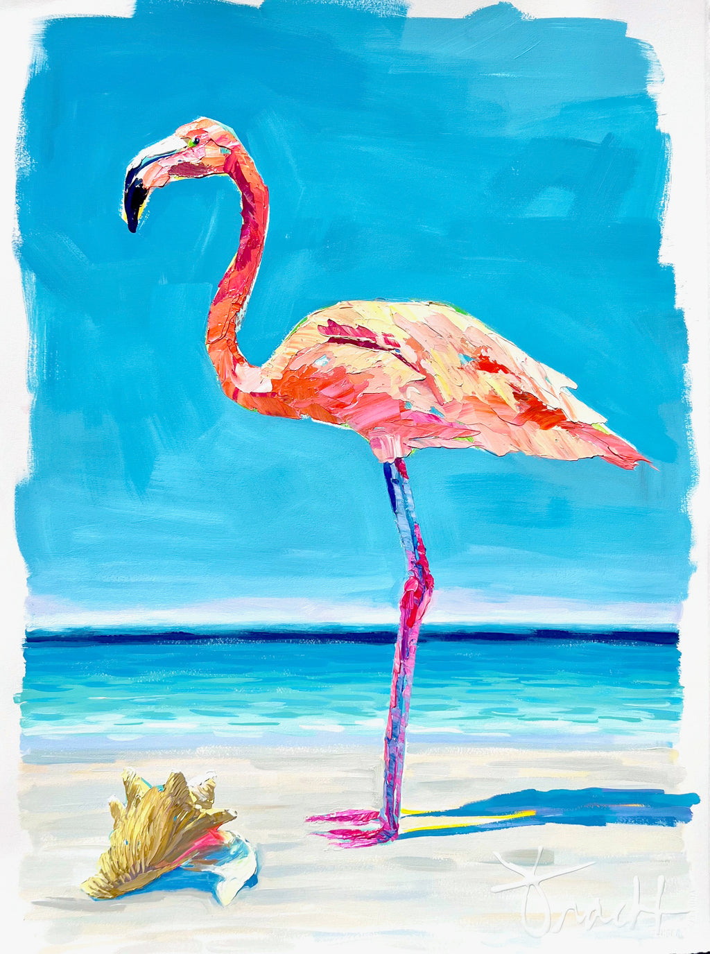 "Flamingo Reflections 3" 29x36 ORIGINAL Acrylic on Paper, Framed, OOAK