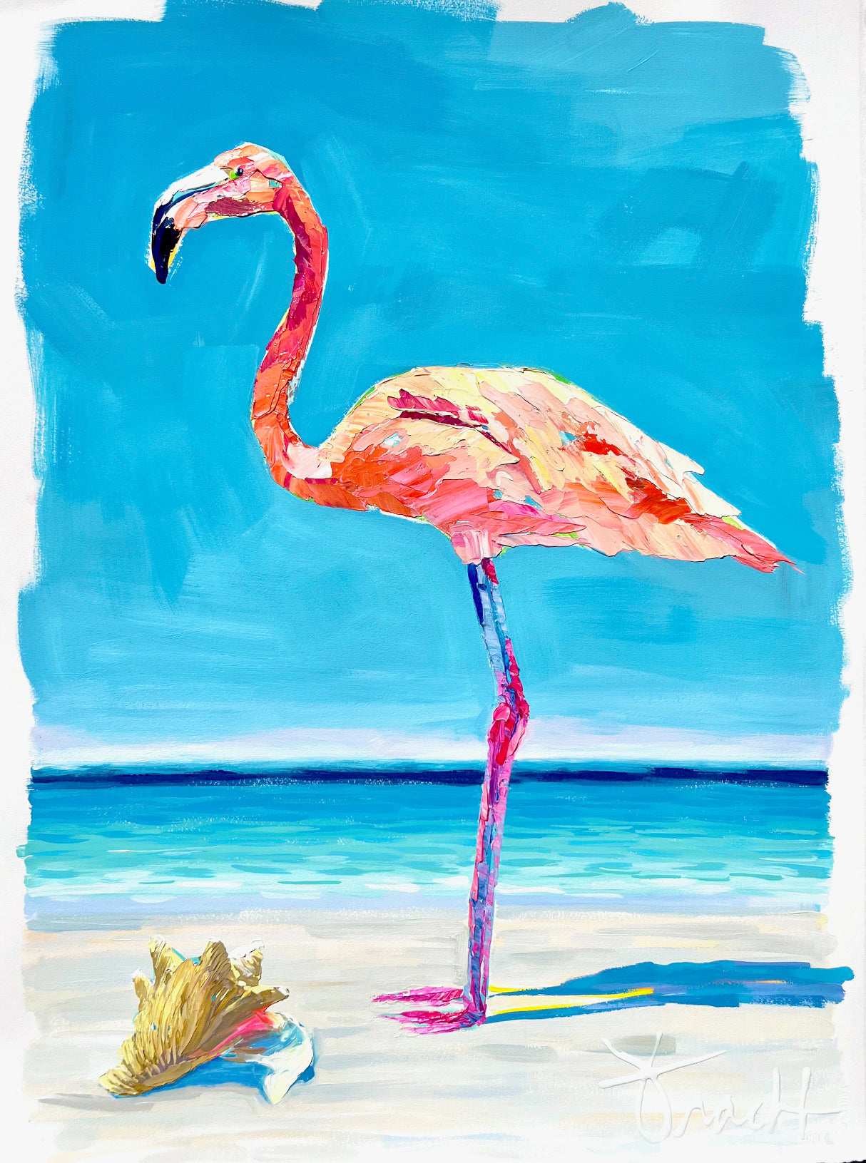 "Flamingo Reflections 3" 29x36 ORIGINAL Acrylic on Paper, Framed, OOAK