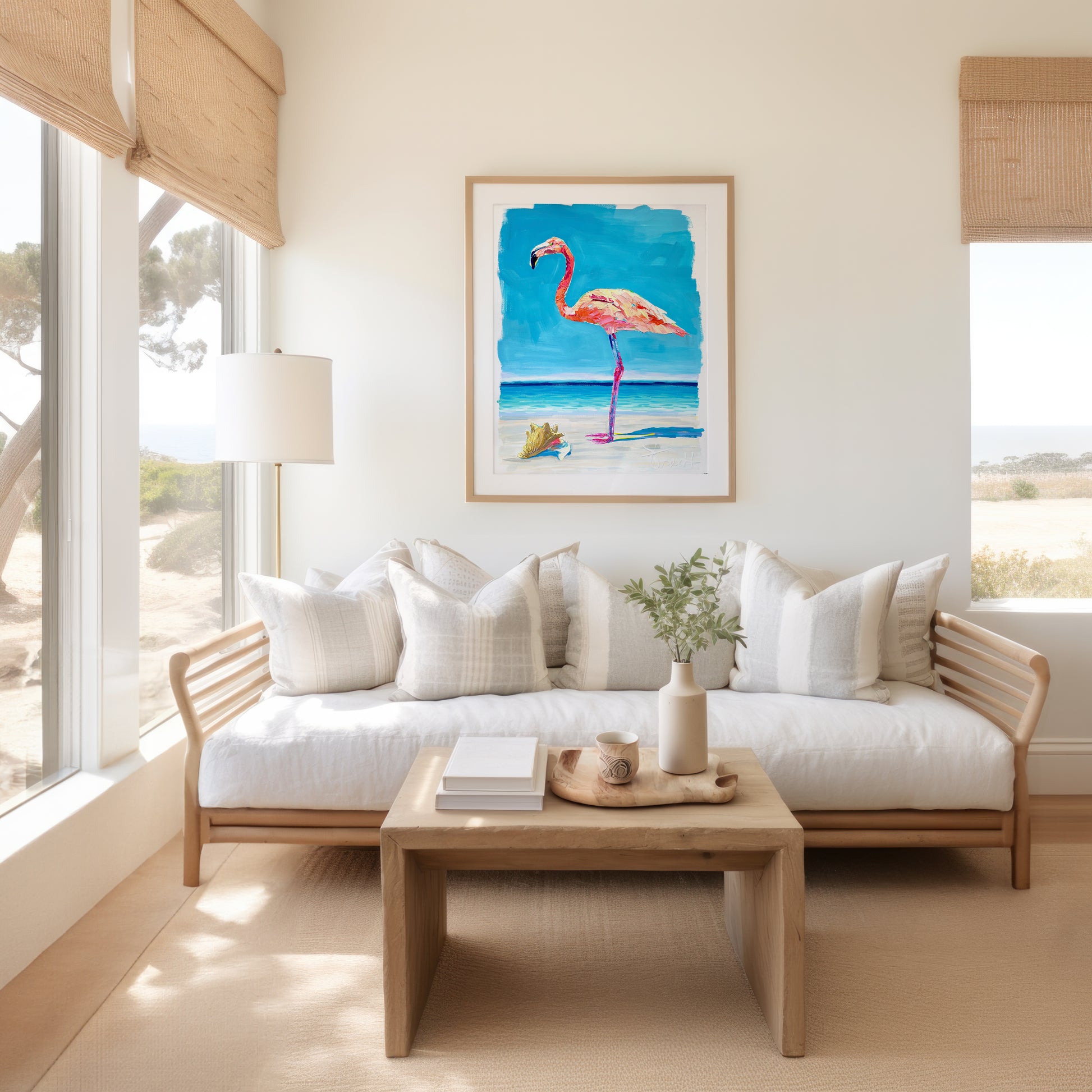 "Flamingo Reflections 3" 29x36 ORIGINAL Acrylic on Paper, Framed, OOAK