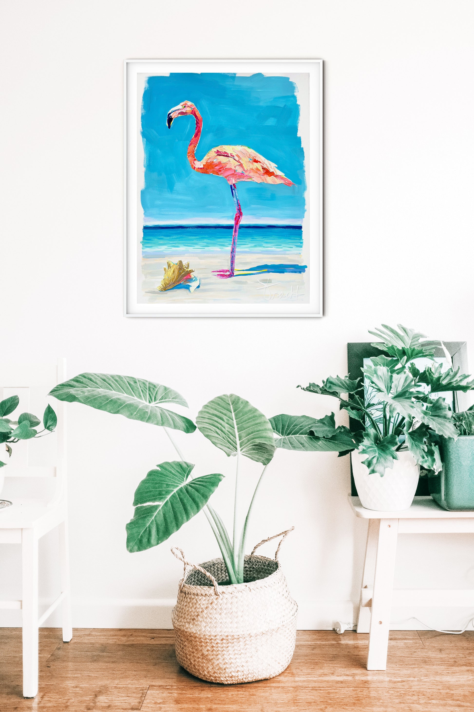"Flamingo Reflections 3" 29x36 ORIGINAL Acrylic on Paper, Framed, OOAK